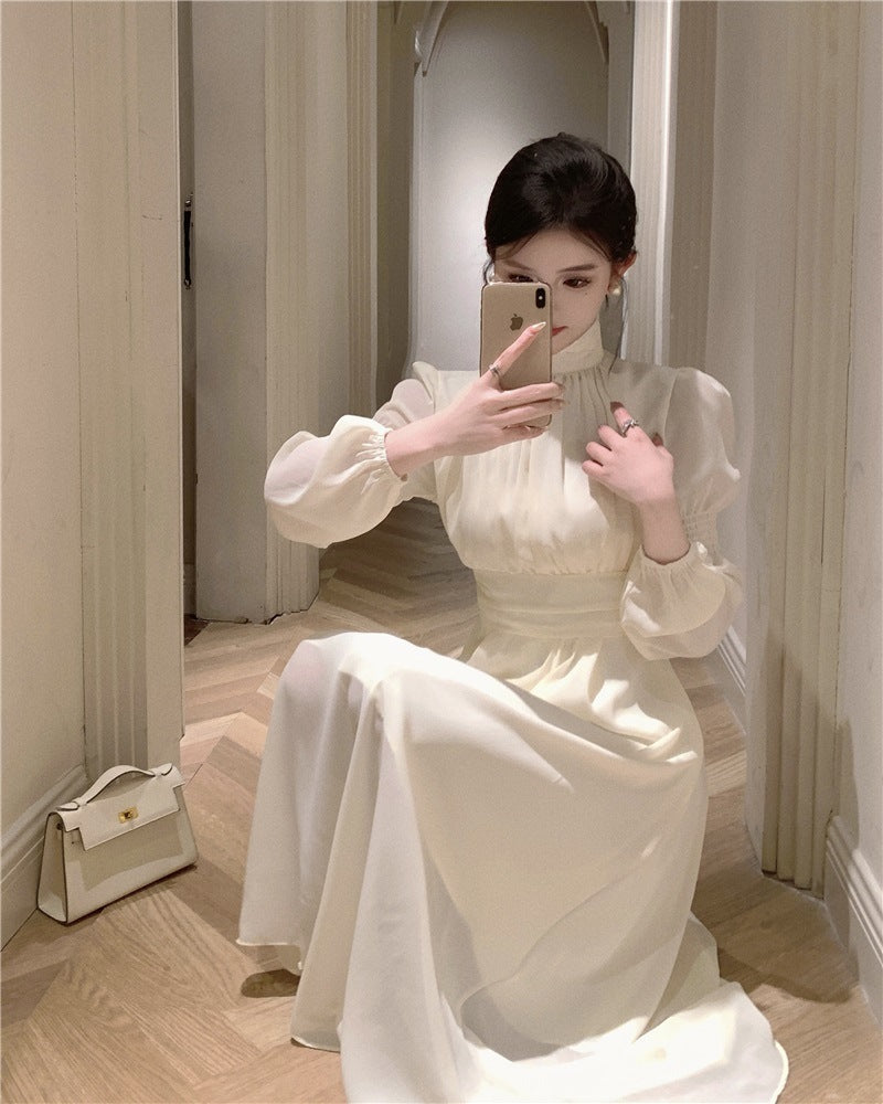 French White Half-high Collar Long Sleeves Dress