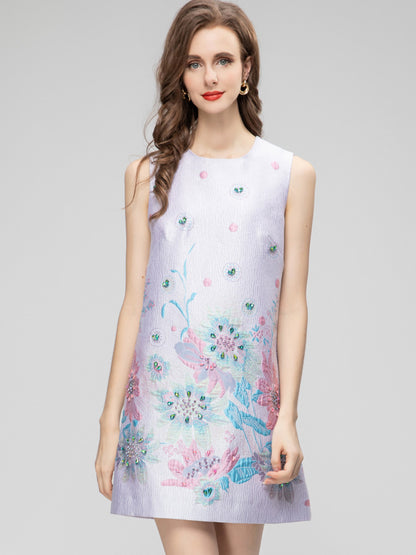 Printed Sleeveless Short Jacquard Dress Women