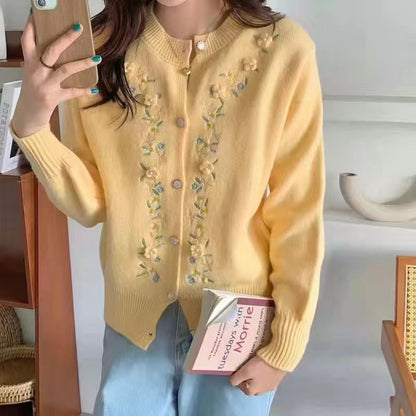 Embroidered Three-dimensional Flower Knitted Cardigan Women's Sweater Coat