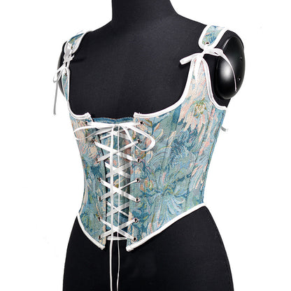 Ceinture corset à chevrons brodée avec bretelles à nouer sur le devant