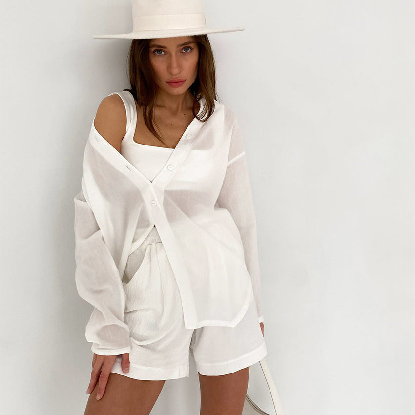 Loose Fitting White Niche Casual Set With Shorts