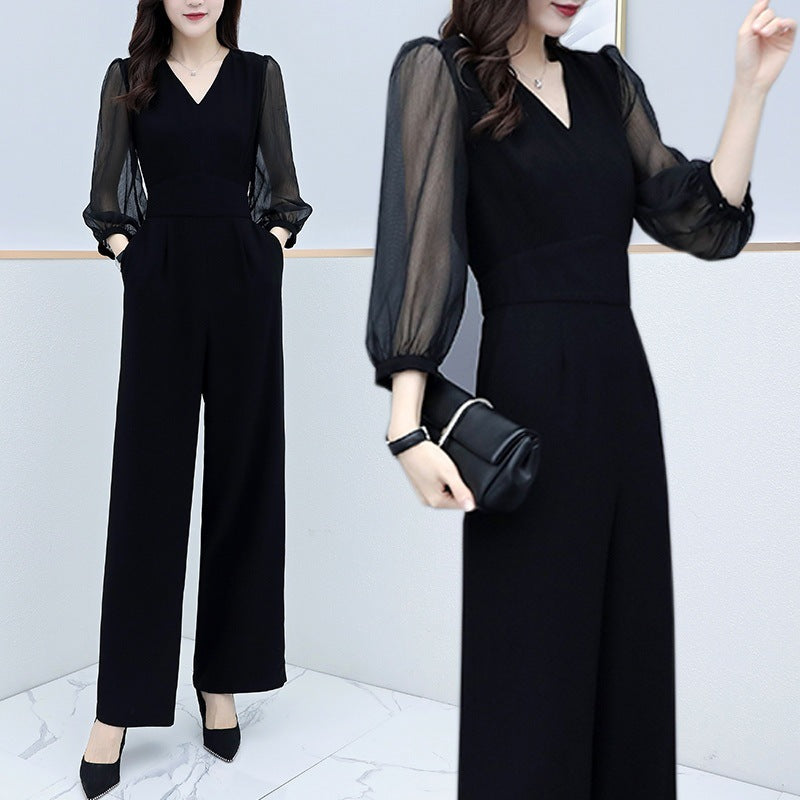 Black Fashion Chiffon Jumpsuit High Waist V Neck