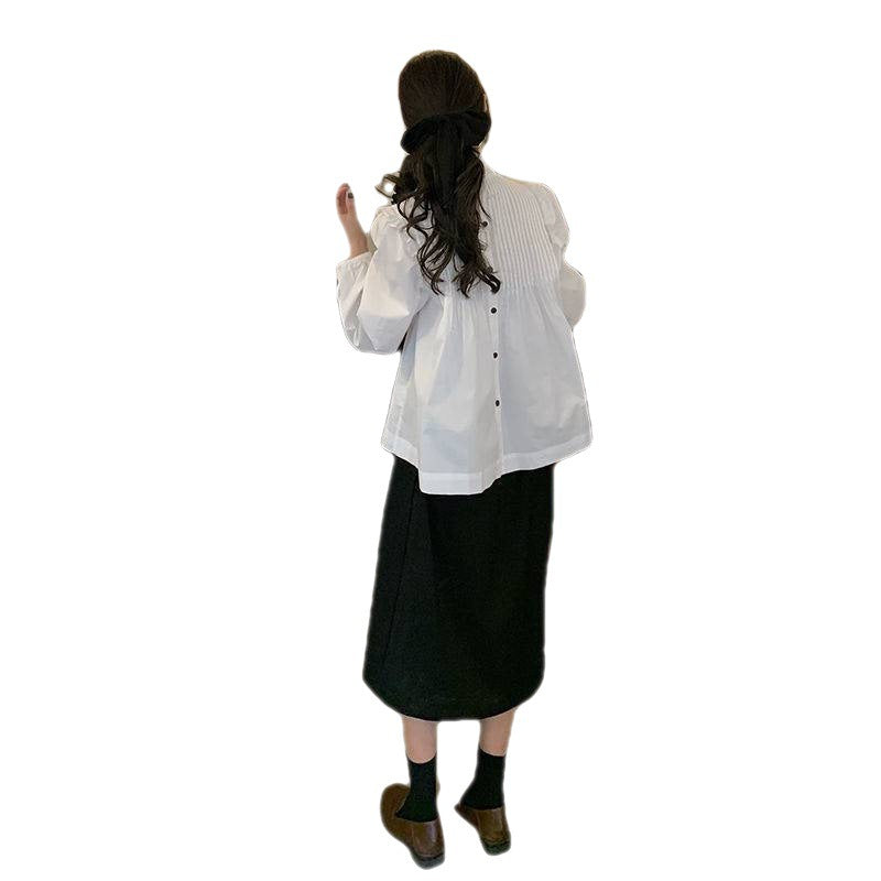 Korean Style White Loose All-match Long-sleeved Stand-up Collar Shirt