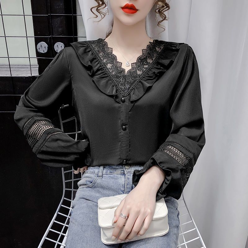 Blusa con cuello en V y costuras de encaje, camisa que combina con todo de estilo occidental, camisa para mujer