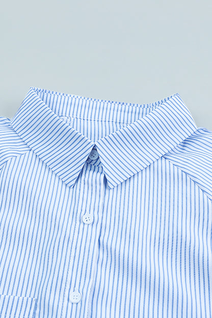 Black Striped Casual Shirred Cuffs Shirt