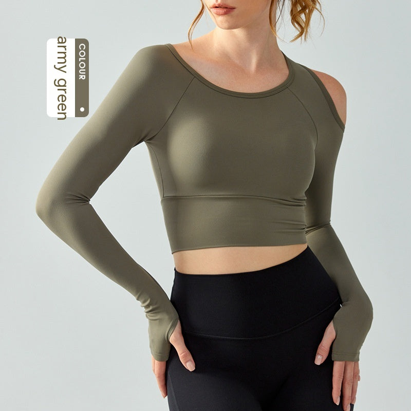 Ropa de yoga con cuello redondo, top ajustado con copa semifija de manga larga para mujer