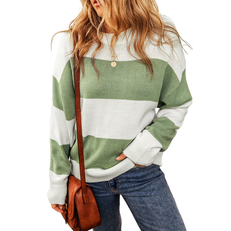 Women's Simple Wide Striped Round Neck Contrast Color Long-sleeved Top