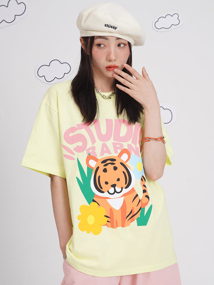 Cute Little Tiger With Head Tilted Cartoon Print Short-sleeved T-shirt