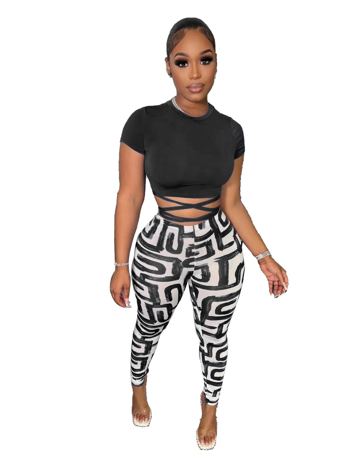 Fashion Printed Trousers Short Sleeve Two-piece Set