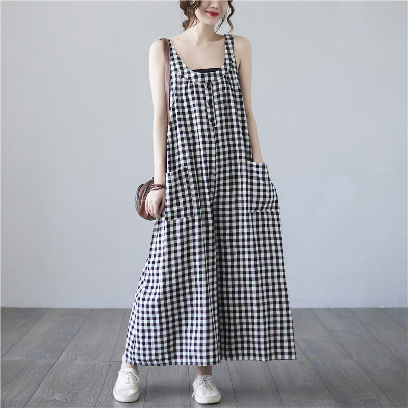 Summer Plus Size Female Artistic Plaid Cotton Linen Suspender Trousers