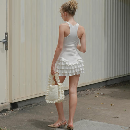 Vestido de encaje de moda con cuello redondo sin mangas de color sólido