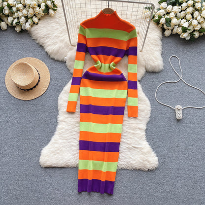 Knitted Dress Women's Mixed Color Stripe