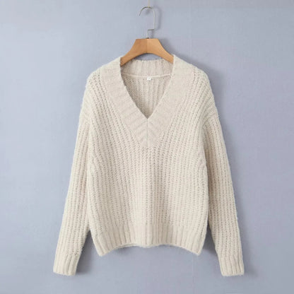 Simple All-in-one Solid Color V-neck Long Sleeve Sweater Sweater Woman