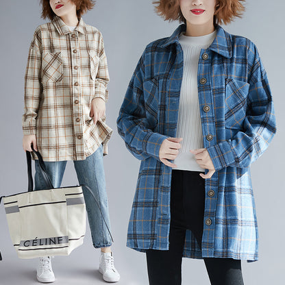 Literary Loose Large Size Women's Wild Plaid Padded Shirt