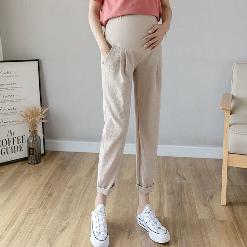 Spring And Autumn Maternity Trousers Wear Linen Casual Cropped Trousers