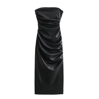 Women's Tube Top Imitation Leather Long Dress