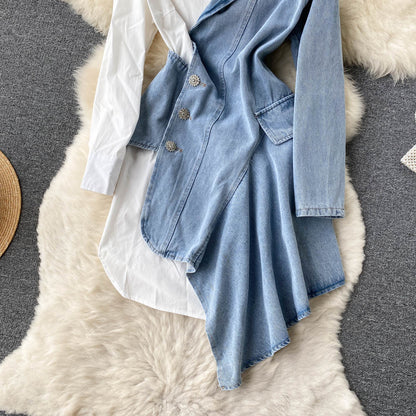 Irregular Long Sleeve Shirt Stitching Denim Dress