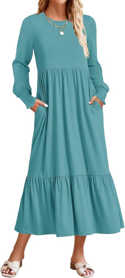 Women's Smocking Long Sleeve Round Neck Mid-length Dress