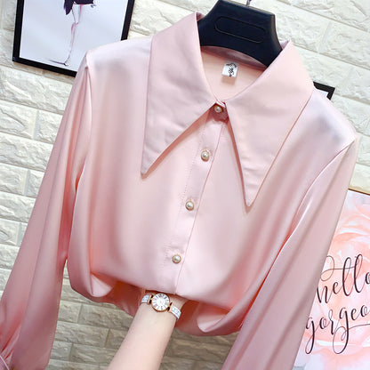 Women's Pearl Button Chiffon Shirt With Pointed Collar