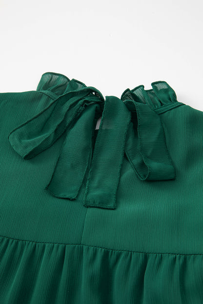 Green Puff Sleeve Mock Neck Back Knot Tiered Dress