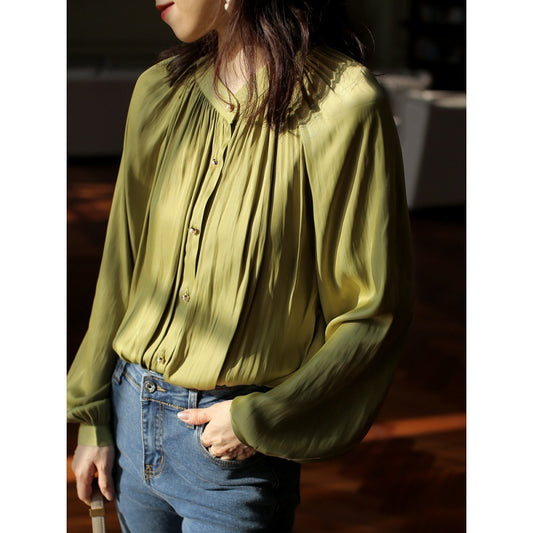 Polyester Solid Color Women's Acetate Silk Satin European Style Shirt Retro Blouse