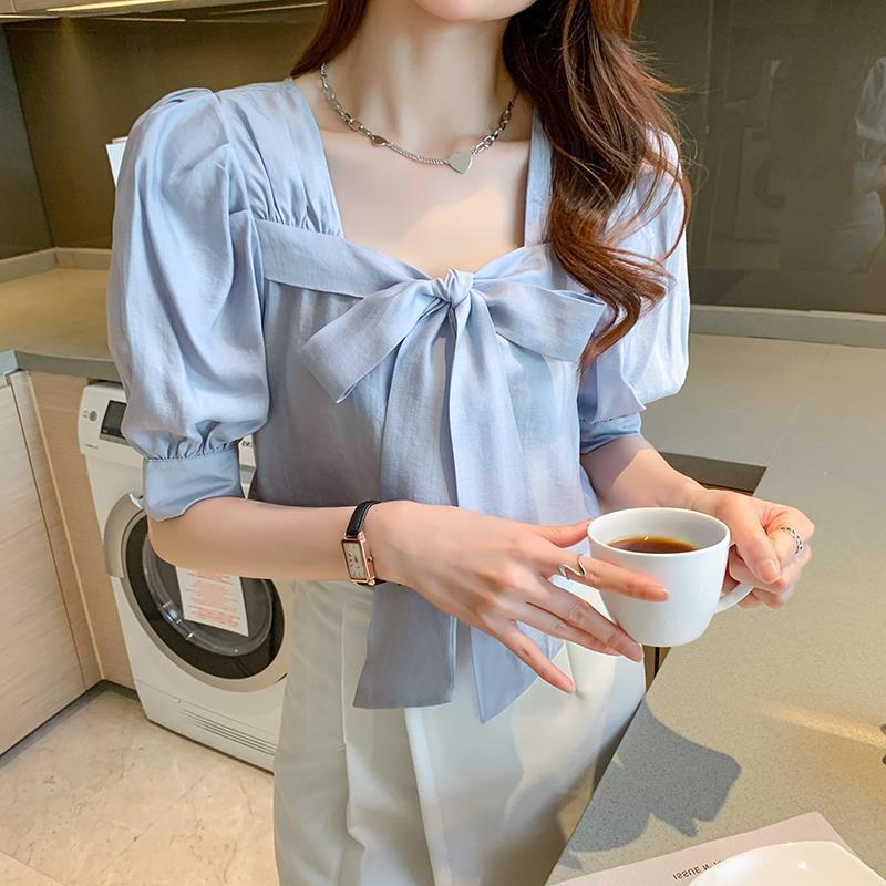 Loose Tie Shirt Short Sleeve Bow Top