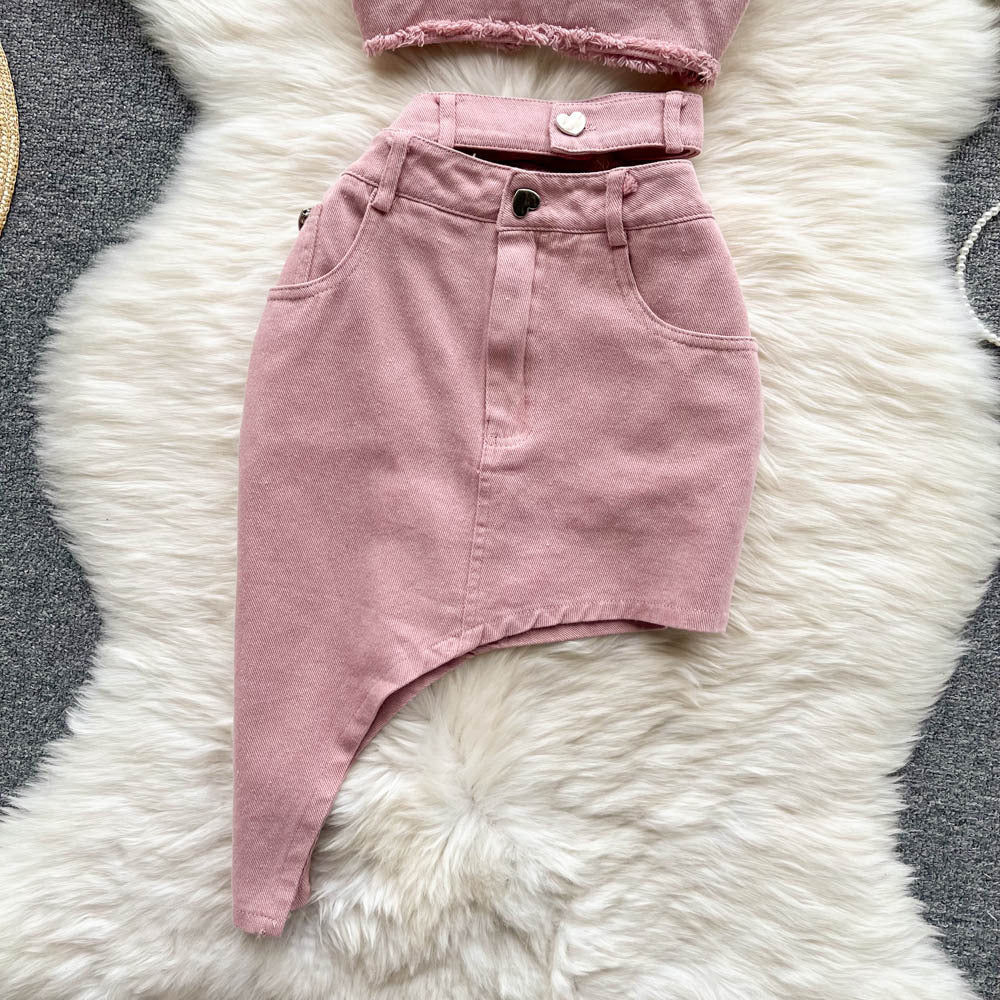 Pink Elegant Outfit Hot Girl Outer Wear Bandeau Sling Top Irregular Skirt Stylish Two-piece Suit