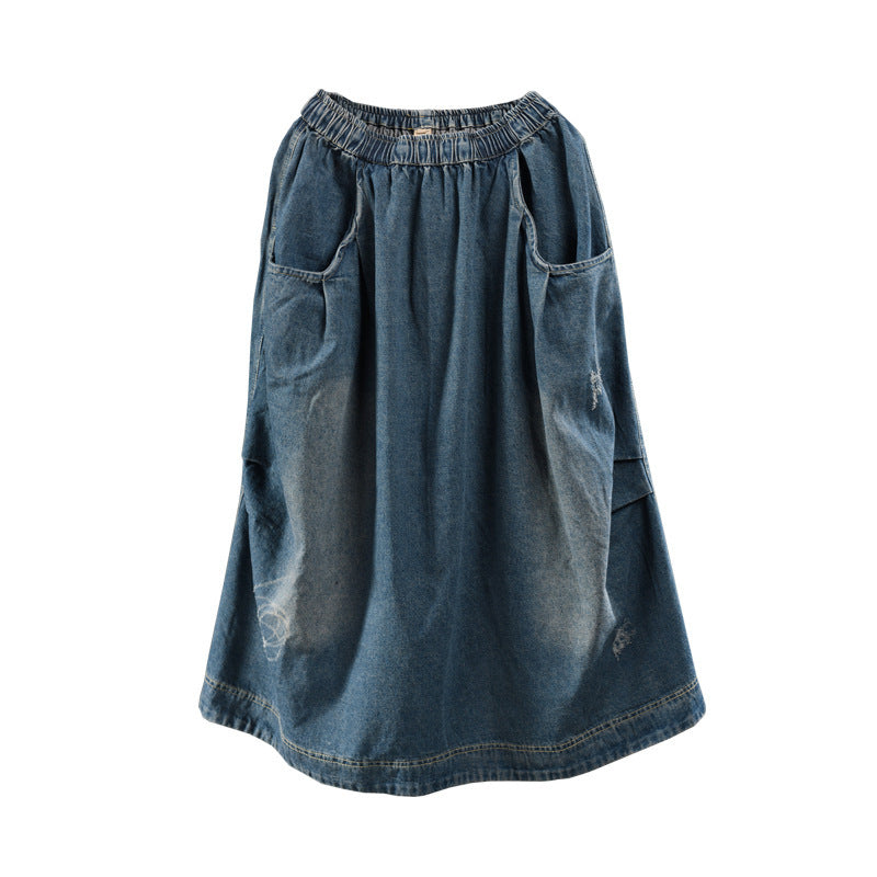 Retro Elastic Waist Washed Denim Skirt