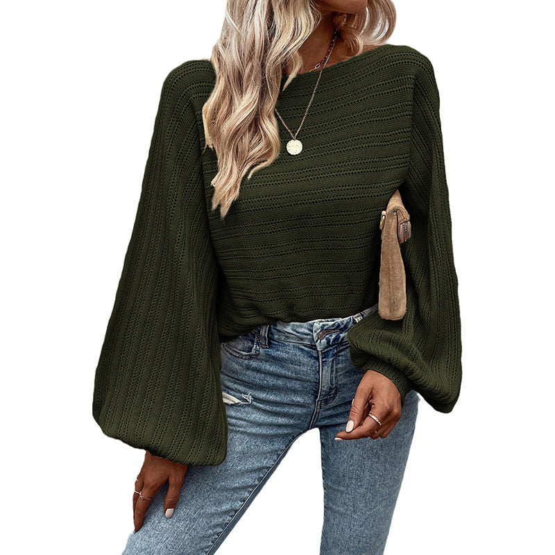 Textured Lantern Sleeve Off-neck Sweater Loose Pullover Sweater