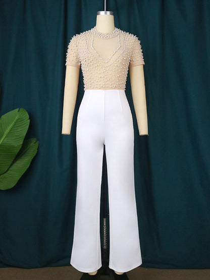 Round Neck Short Sleeve Beaded Jumpsuit Casual