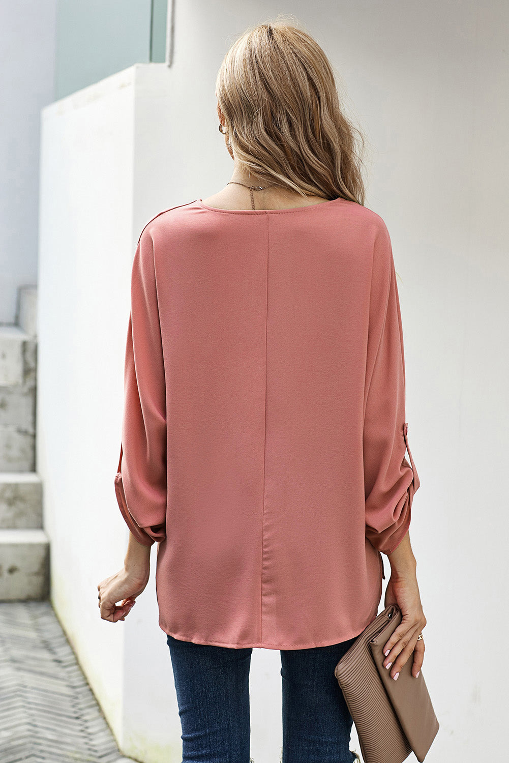 V-Neck Roll-Tab Sleeve Blouse