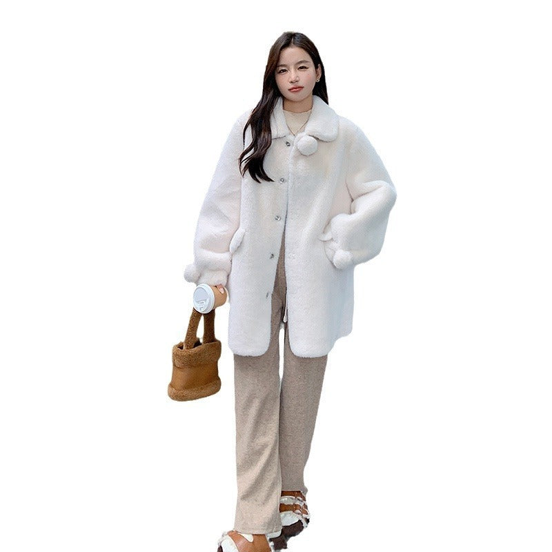 Peter Pan Collar Loose Mid-length Single-breasted Milky White Plush Coat