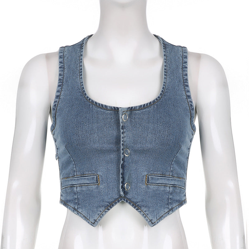 Streetwear bleu Denim gilet veste boutons débardeur femmes mode