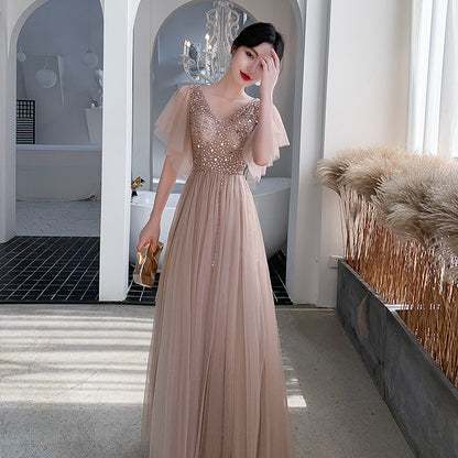 Champagne V-neck Banquet Evening Dress For Host Choral Performance