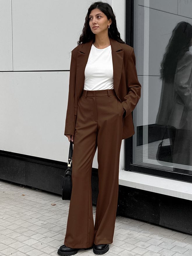 Blazer Vintage à la mode pour femmes, pantalon à jambes larges, ensemble deux pièces