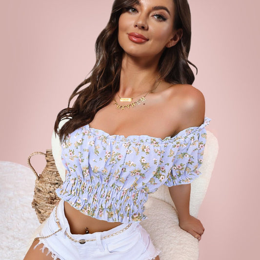 Cropped Off-Shoulder Frill Trim Smocked Blouse