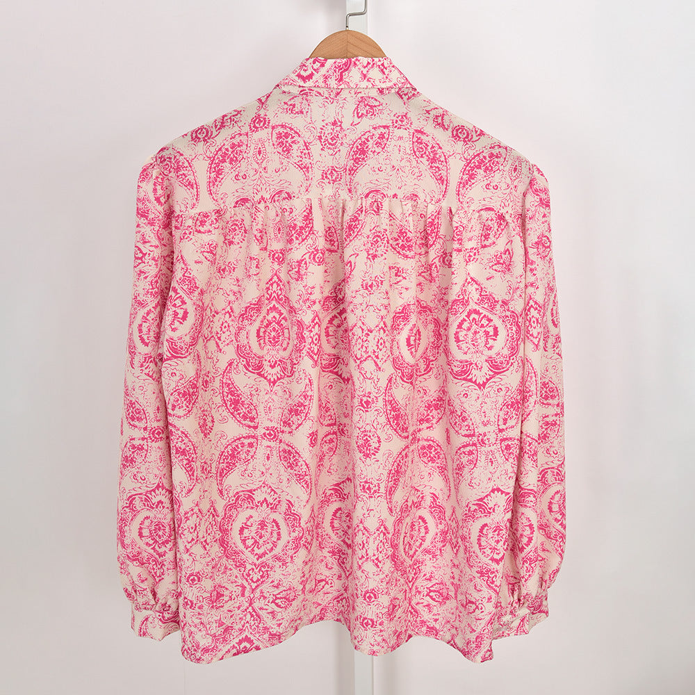 Camisa de nicho con solapa y estampado retro francés para mujer