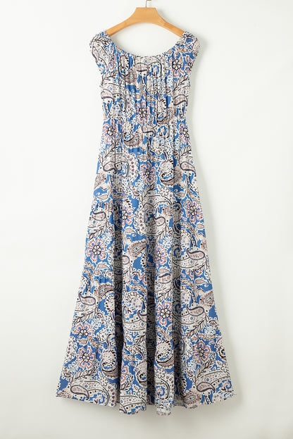 Robe longue bleue à épaules dénudées et imprimé cachemire style bohème