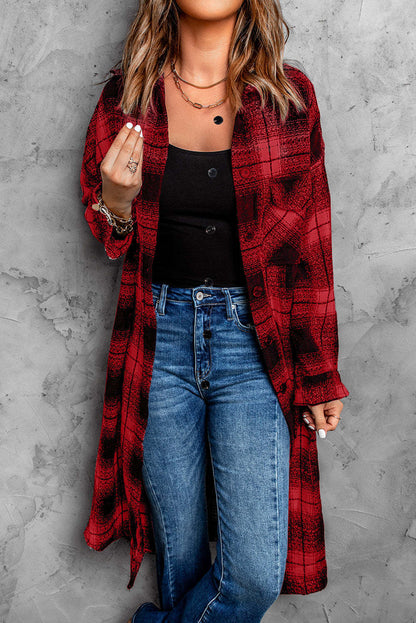 New Women's Mid-length Loose Lapel Cardigan Plaid Shirt