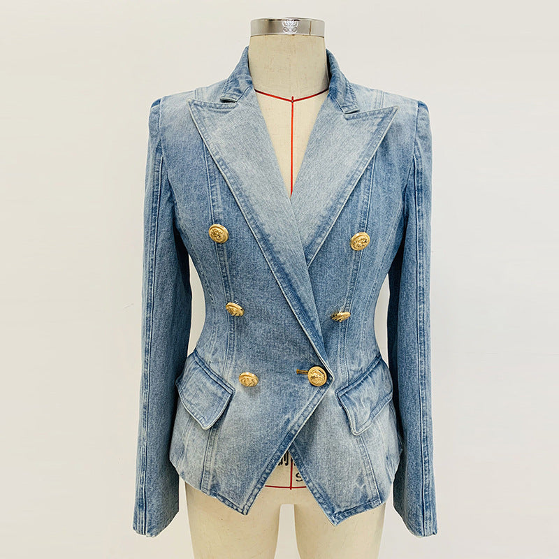 Women's Slim Double-breasted Lion Button Denim Suit Jacket