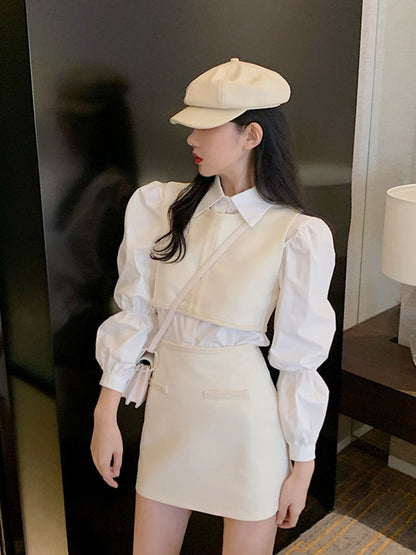 Early Autumn New Style Small Fragrance Suit Long-Sleeved Shirt Short Skirt Two-Piece Vest Fashion Three-piece Women's Clothing