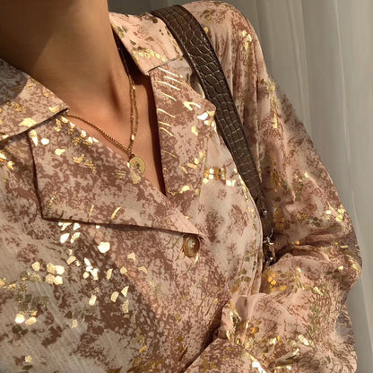 Suit Collar Snake Print Sequined Long-sleeved Top Shirt