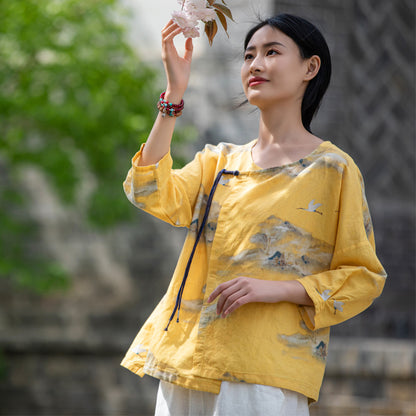 Chemise Zen rétro à col rond en lin imprimé avec boucle diagonale