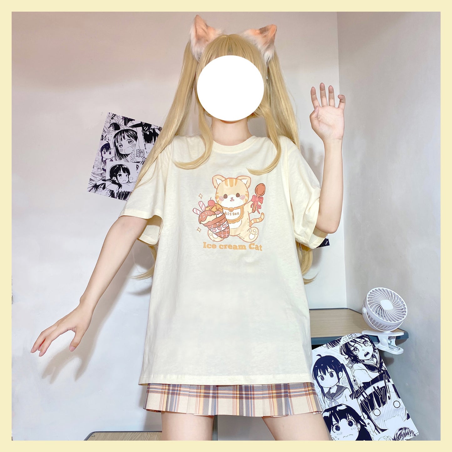 Camiseta holgada con estampado de gato de dibujos animados lindo de verano Meow Meow de cono dulce