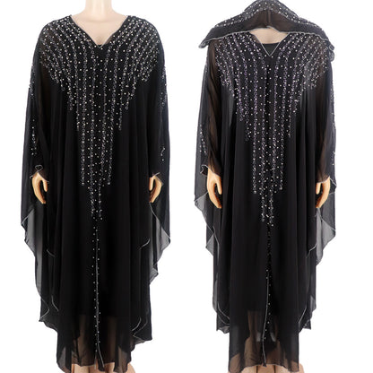 Women's Fashionable Elegant V-neck Chiffon Rhinestone Gun Beads Batwing Sleeve Dress