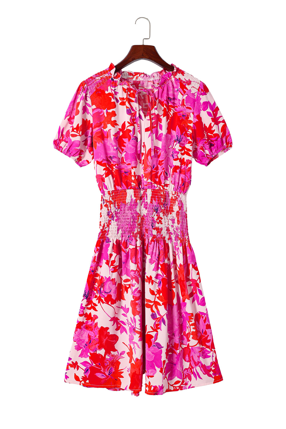 Robe évasée à manches bouffantes et taille smockée à fleurs roses