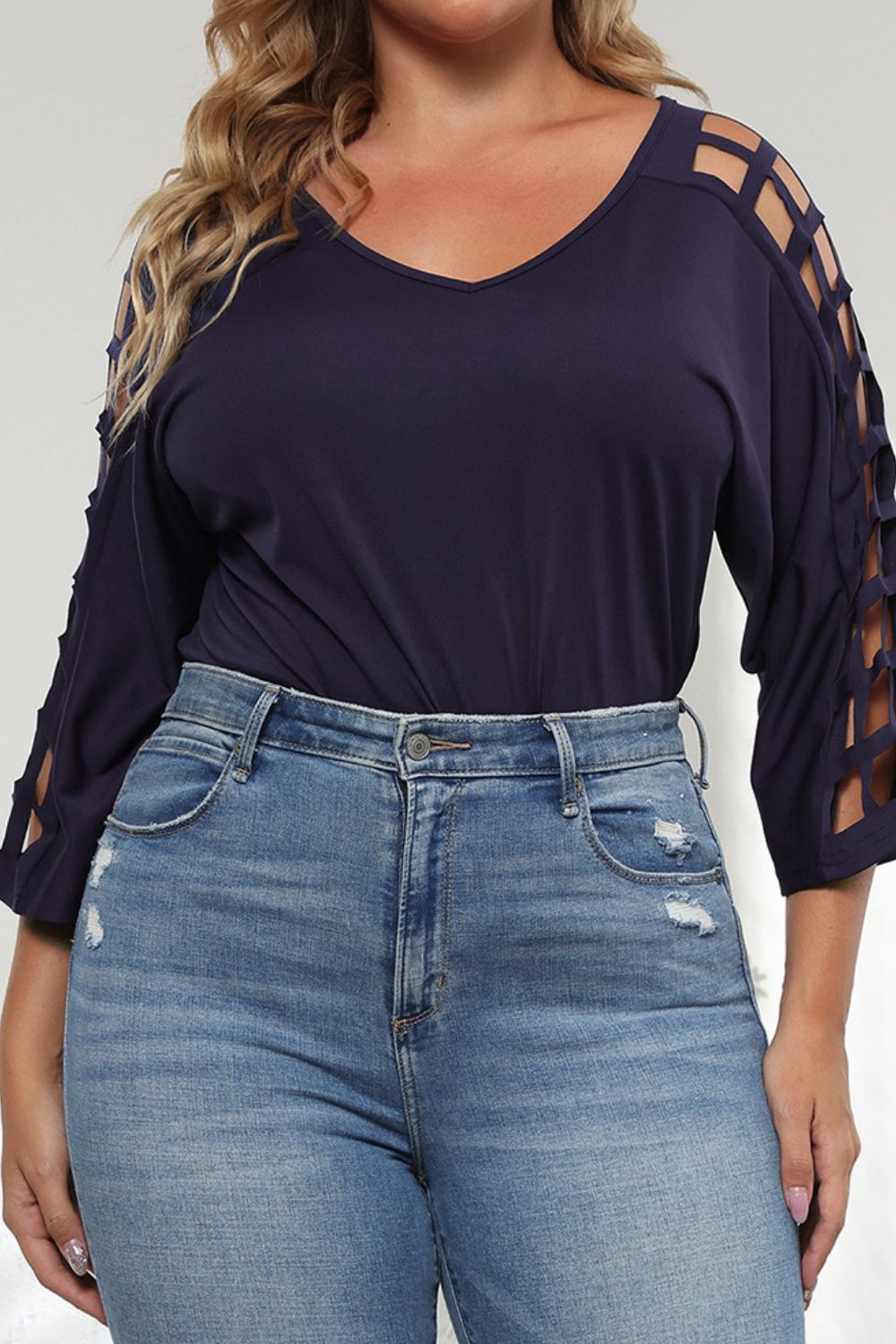 Blouse Découpée à Manches Trois-Quarts de Grande Taille