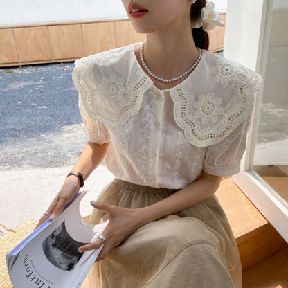 Korean Embroidery Age-reducing Lace Collar Short-sleeved Shirt