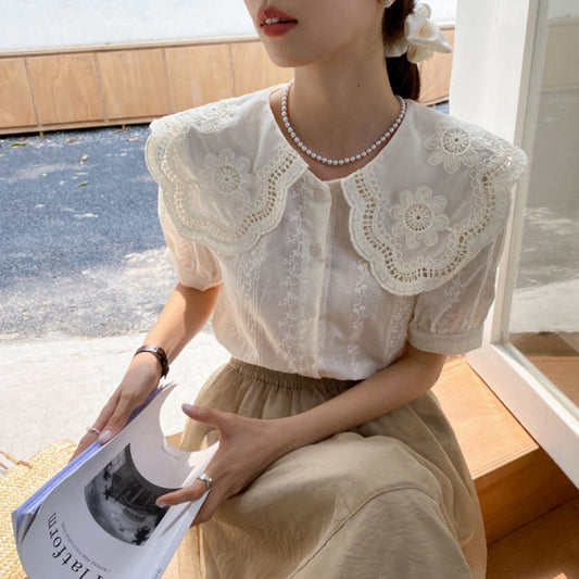 Korean Embroidery Age-reducing Lace Collar Short-sleeved Shirt