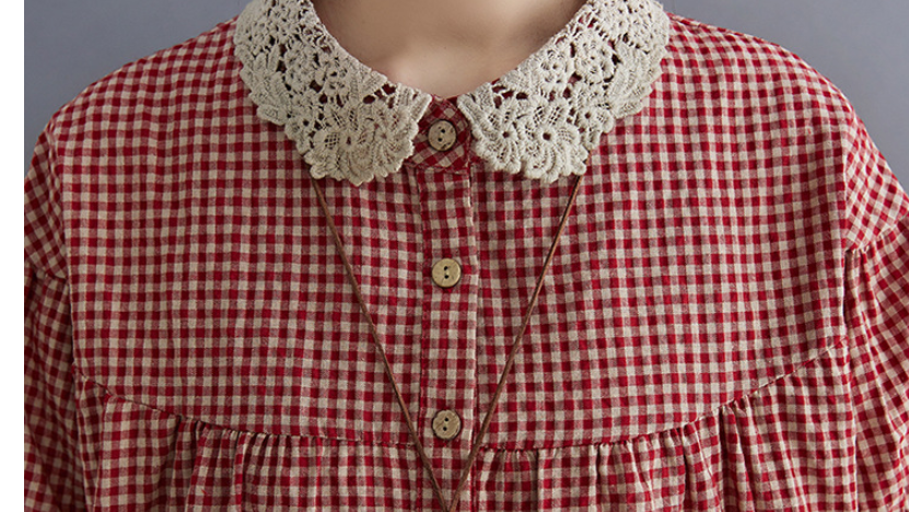 Camisa a cuadros de algodón y lino con solapa de encaje para mujer, mangas cortas